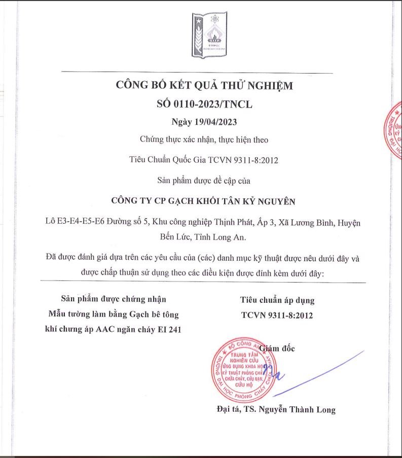 Gạch bê tông nhẹ AAC EBLOCK đạt chứng nhận thử nghiệm khả năng chống cháy EI240